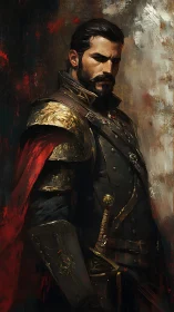 Stoic captain in scarlet cloak and weathered gold armor.