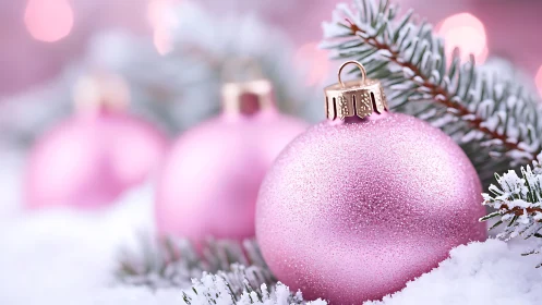 Glittered pink baubles rest in snow with shallow depth of field