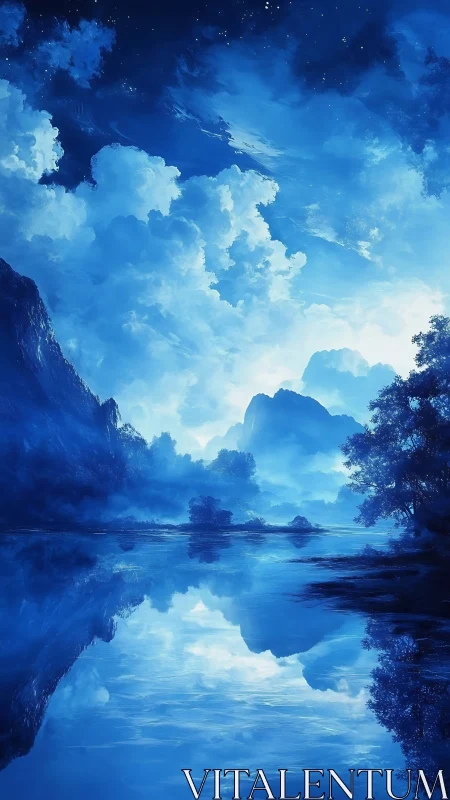 Moonlit blue valley reflected in a calm dreamlike lake.