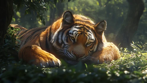 Resting tiger in dappled forest light, intense amber gaze.