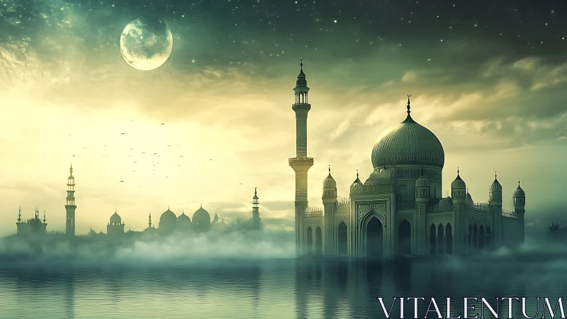 Moonlit domed mosque over misty reflective waterscape.