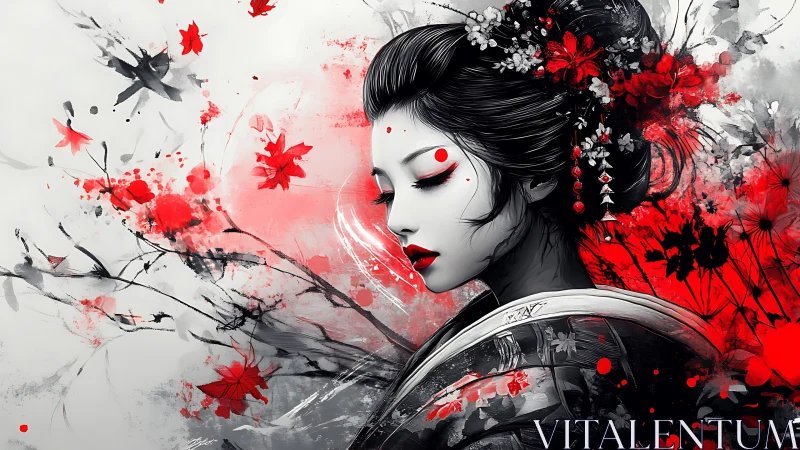 Geisha profile in red and black floral ink portrait.