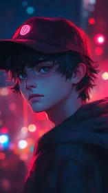 Neon-tipped midnight wanderer listens to the city breathe