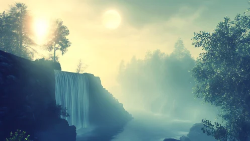Softly lit riverside waterfall rendered with volumetric atmospheric haze