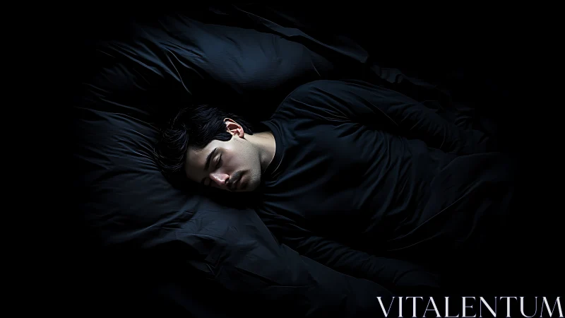 Man in black bedding under single moody spotlight.