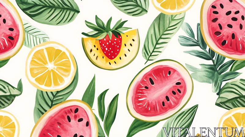 Sunlit watercolor fruit slices with fresh leafy greens.