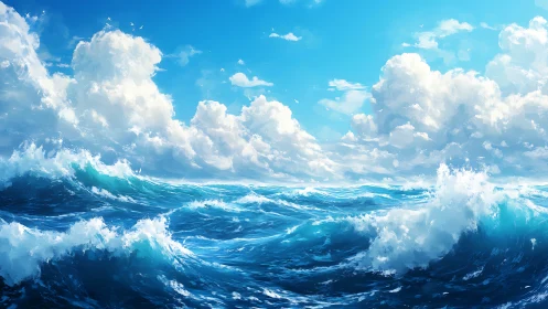 Sunlit ocean swells beneath towering summer cumulus clouds.