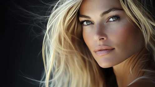 Close-up portrait of blonde woman with windblown hair.