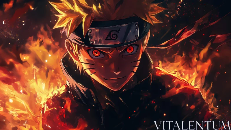 Fiery anime warrior portrait with intense glowing eyes.