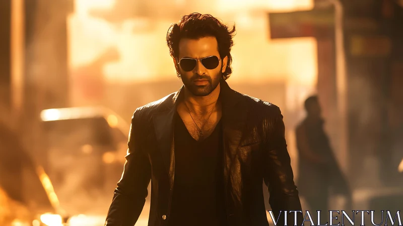 Man in black leather jacket walking through sunlit street.