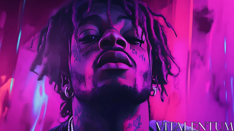 Neon-lit low angle portrait uses bold magenta cyan contrast and gradients