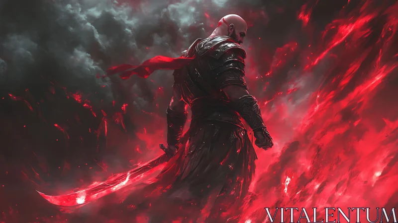 Armored warrior amid crimson energy storm in dramatic sky.