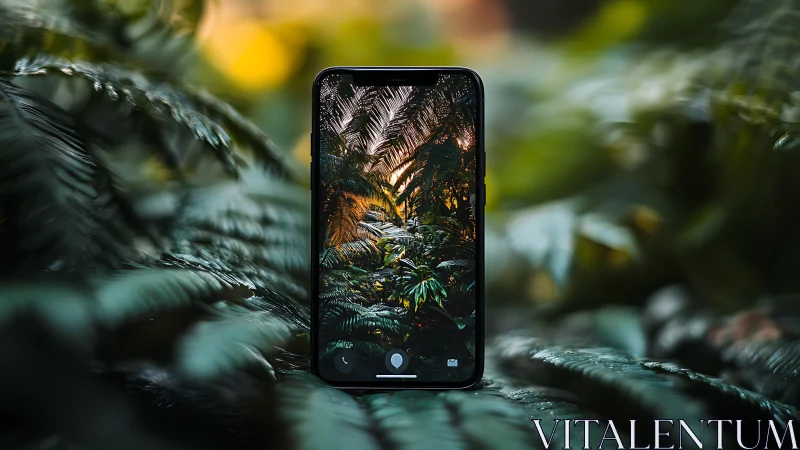Smartphone displays dense foliage within surrounding ferns