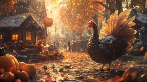 Autumn village street with turkey amid pumpkins at golden hour