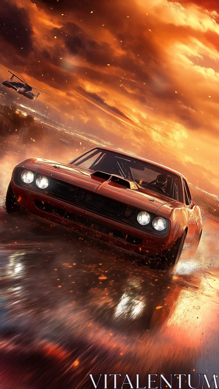 Muscle car slashes through a molten sunset storm of speed