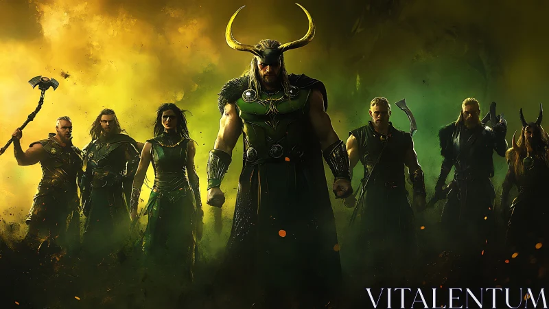 Horned warlord and armored cohort in volatile misted battlefield.