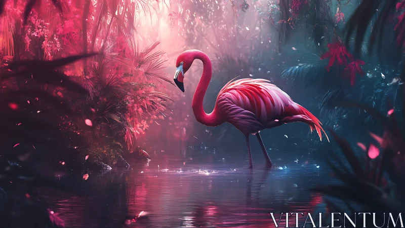 Flamingo poised in neon-lit enchanted jungle waterscape.