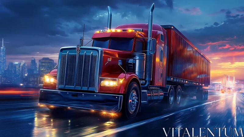 Red semi truck powers along wet highway at neon dusk