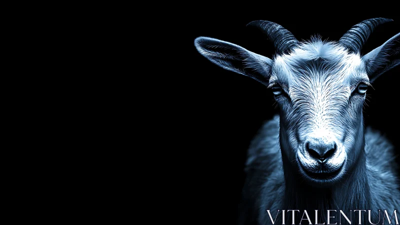 Goat portrait rendered in high contrast blue lighting on black