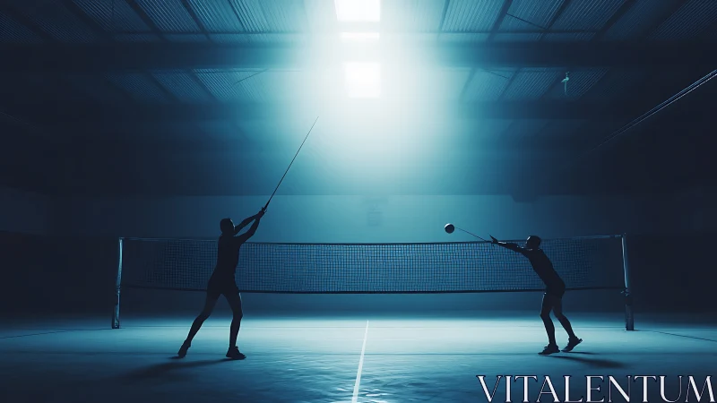 Silhouetted badminton players compete under dramatic indoor light.