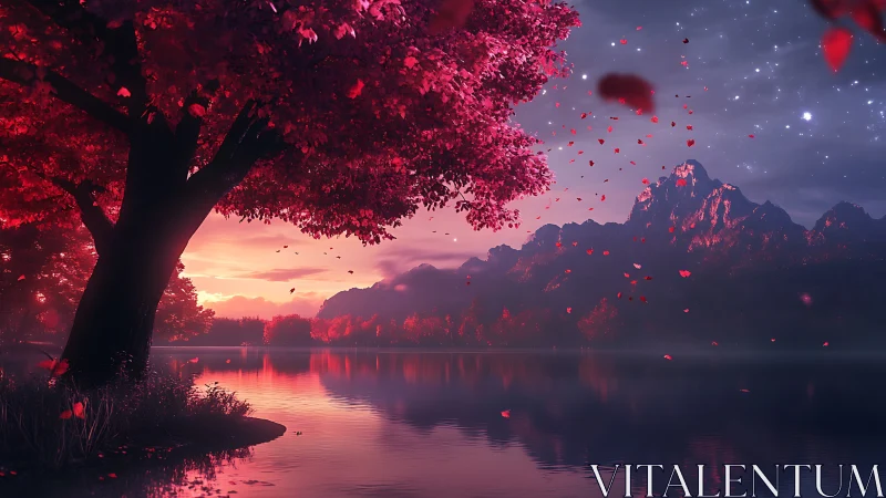 Red tree dominates lakeside landscape at twilight glow