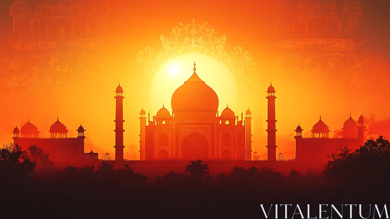Golden sunset over Taj Mahal in radiant dreamlike glow.