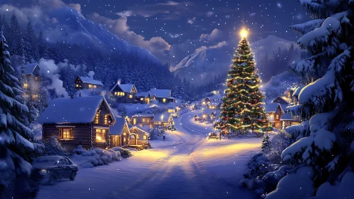 Snowlit village gathers as one radiant tree crowns winter