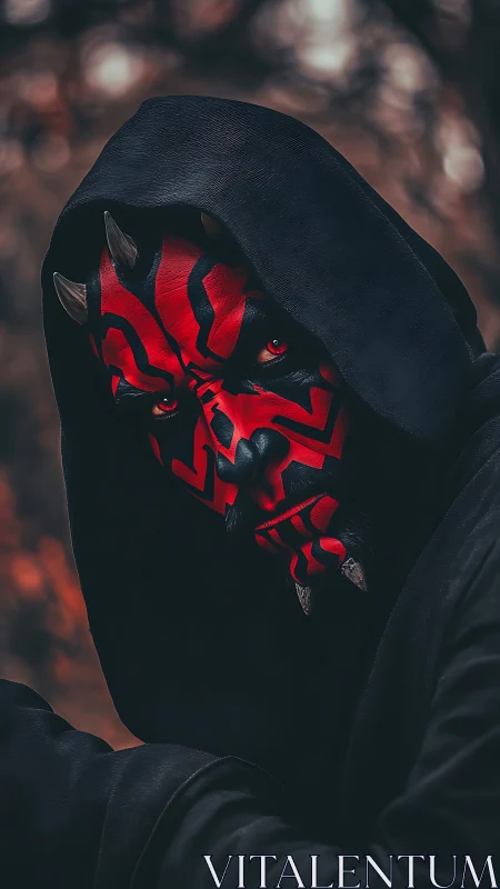 Cosplay villain stares intensely from shadowed hood.