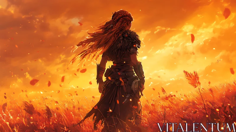 Solitary armored figure in sunset-illuminated field landscape.