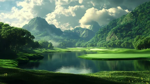 Lush mountain lake landscape under dramatic cloudy sky.