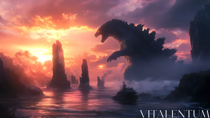 Colossal reptilian figure in coastal seascape at sunset.