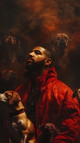 Moody portrait of man in red parka surrounded by vigilant dogs.