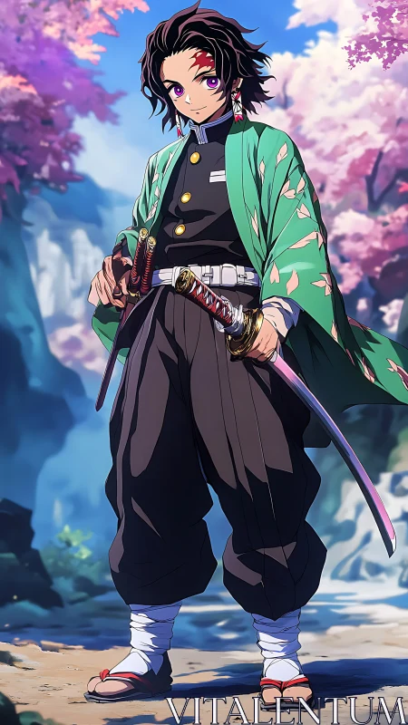 Sword-wielding anime warrior amid serene cherry blossoms.