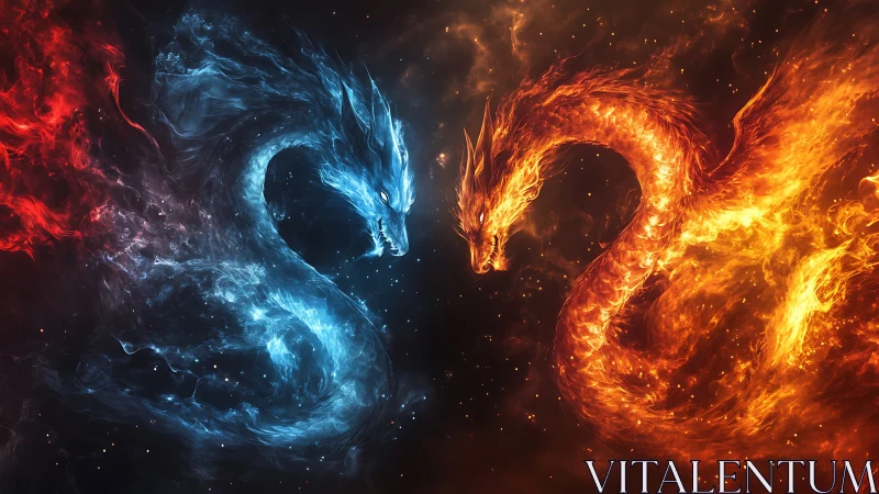 Elemental dragon duel forms opposing fire and ice energy arcs