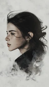 Monochrome female profile rendered with soft digital watercolor gradients