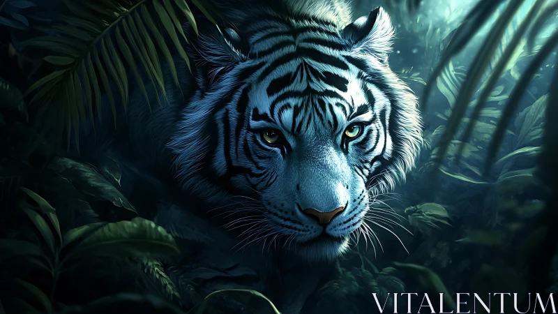 Moonlit white tiger emerging through dense jungle foliage.