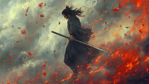 Samurai figure walking through fire and smoke field.