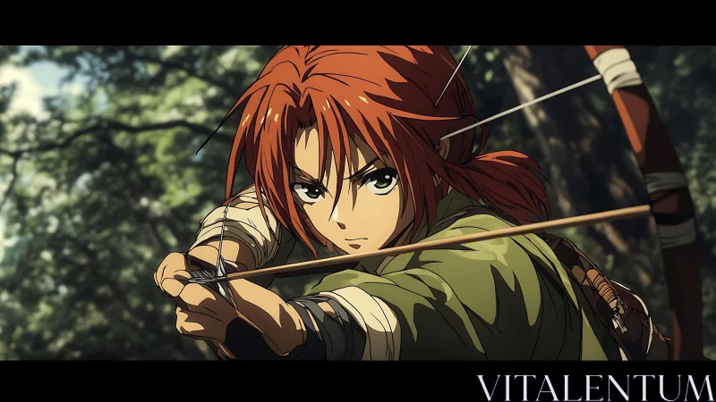 Anime archer drawing bow in tense forest standoff.