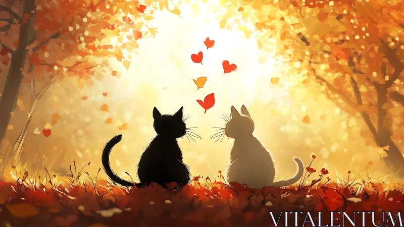 Two Cats Watch Falling Hearts Under Autumn Golden Light.