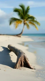 Weathered Driftwood Fragment on Pristine Sandy Shore with Tropical Palms