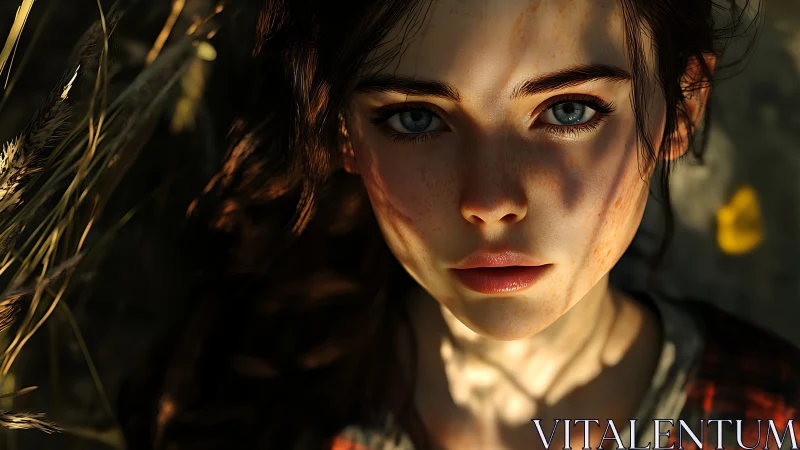 Sun-dappled digital portrait under grazing field shadows.