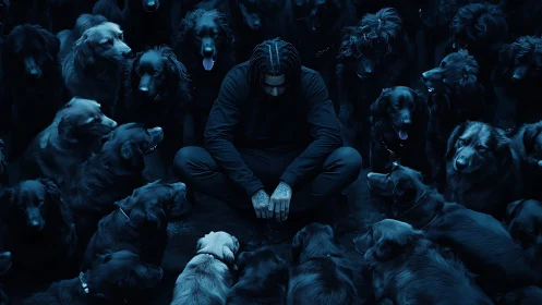 Man in dark clothing surrounded by attentive dogs.