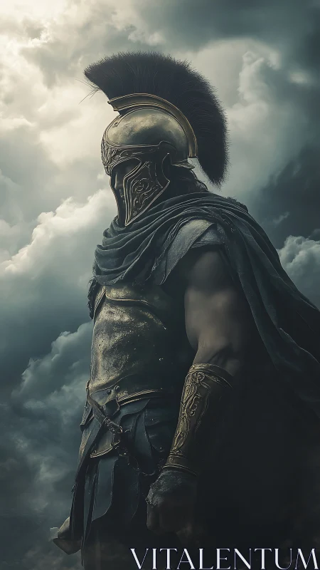 Storm-lit armored warrior in bronze Corinthian helmet.