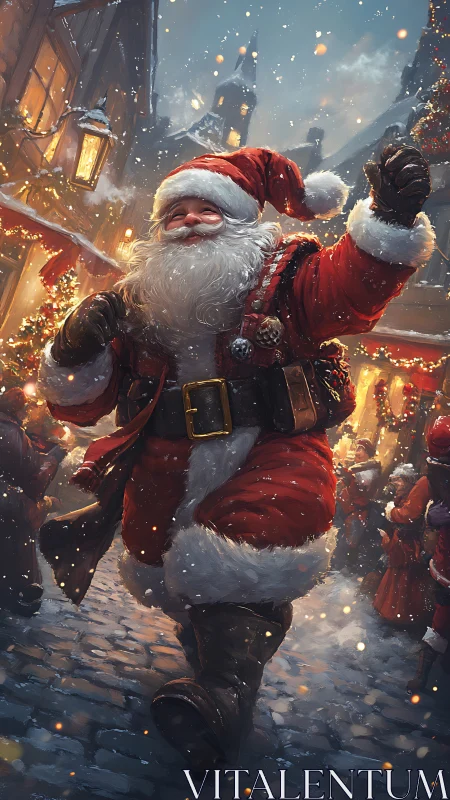 Santa strides through festive snowy village street at dusk