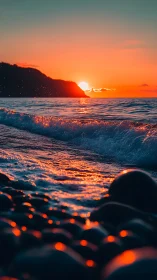 Sunset sparks on rolling waves and glowing shore stones.
