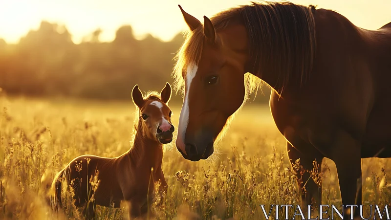 Horse and foal stand in sunlit meadow at golden hour