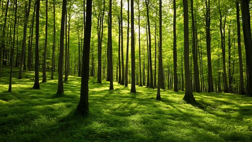 Sunlit Green Forest with Tall Trees and Lush Understory, Nature Scene.