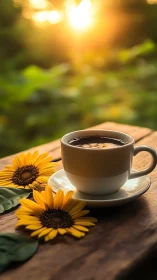 Sunrise lingers above coffee steam and patient sunflowers