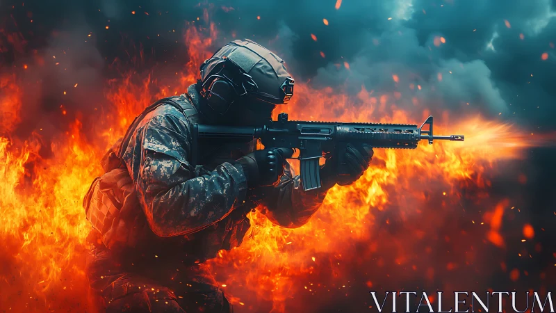 Flame-born soldier strides through chaos with blazing rifle.