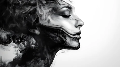 Monochrome female profile dissolves into fluid smoke topology